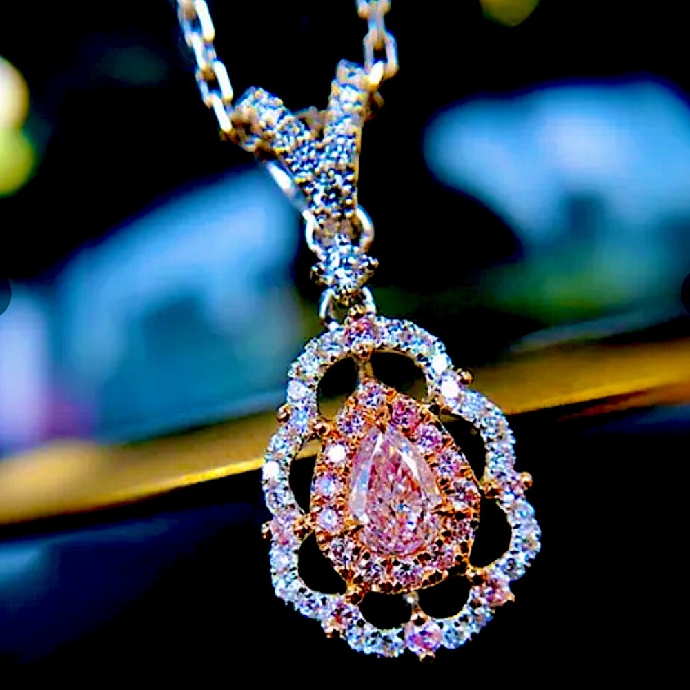 Pink Diamond Necklace Water Drop Pear Shaped 925 Sterling Silver Pendant